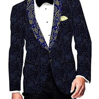 INMONARCH Mens Slim fit Casual Navy Blue Velvet Blazer Sport Jacket Coat Paisley Design VB15598